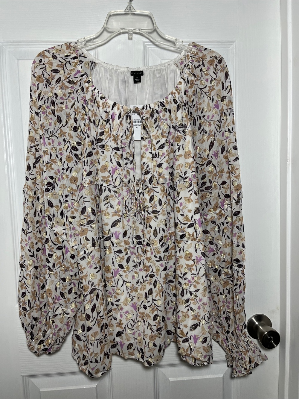 Ann Taylor White Peasant Blouse with Taupe, Lavender, and Metallic Gold Print